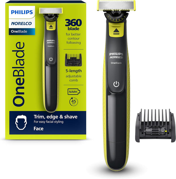 Oneblade 360 Face, Hybrid Electric Beard Trimmer and Shaver with 5-In-1 Face Stubble Comb, Frustration Free Packaging, QP2724/90